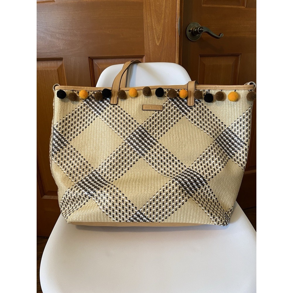 Vera Bradley Straw Tote Tan Faux Leather Pompom Beach Travel Vacation Purse